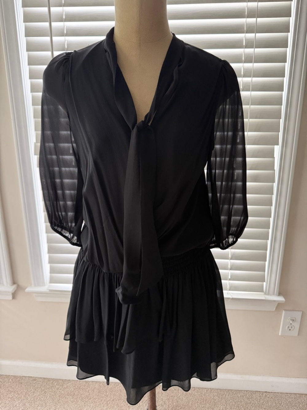 Armani Exchange Black Sheer-Sleeve Tie-Front Mini Dress